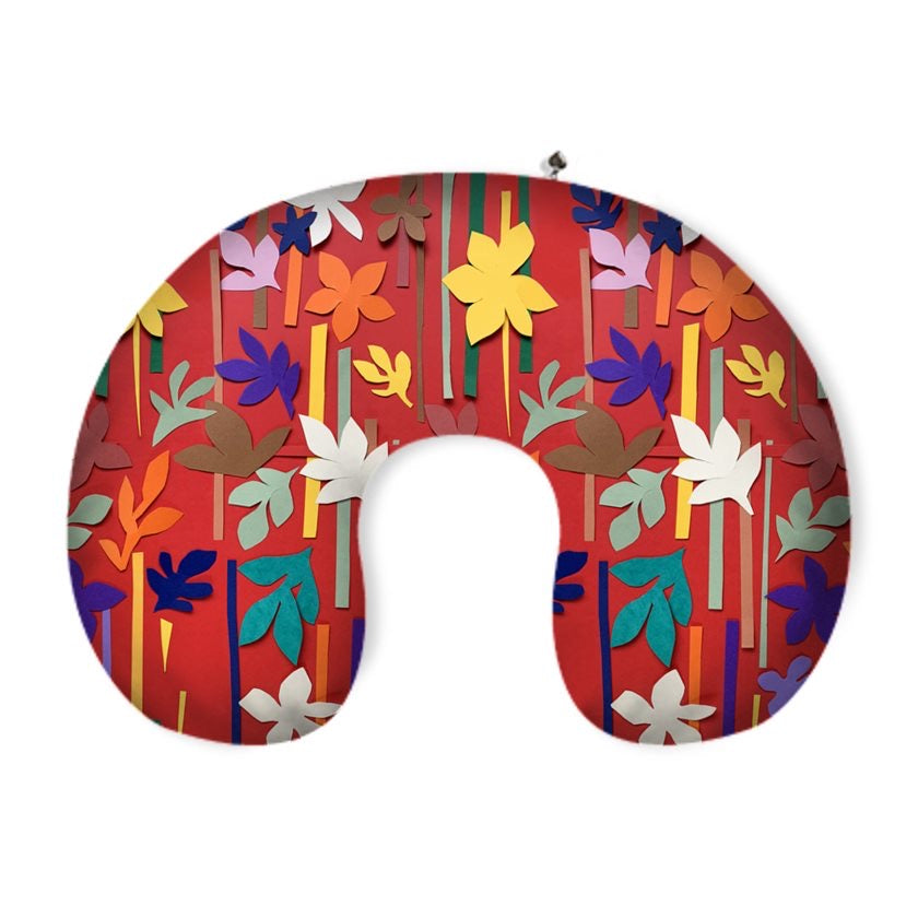 Tata Naka Leaves on Red Print Neck Pillow